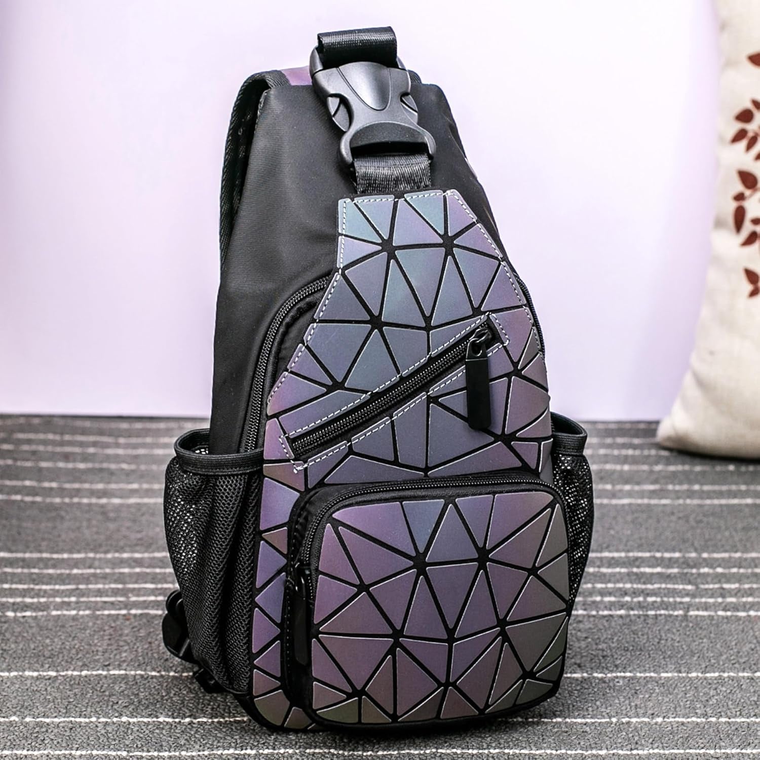 Luminous Holographic Geometric Backpack - Color-Changing Reflective Sling Bag for Women (Prism)