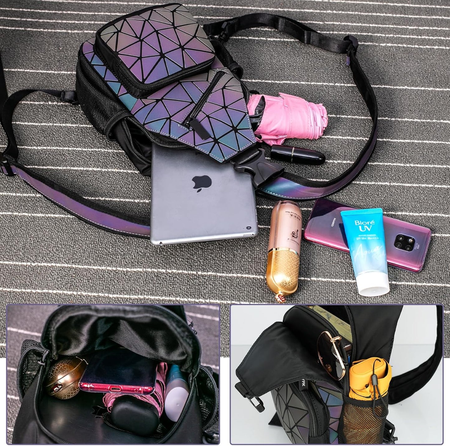 Luminous Holographic Geometric Backpack - Color-Changing Reflective Sling Bag for Women (Prism)