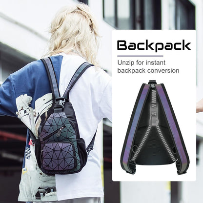 Luminous Holographic Geometric Backpack - Color-Changing Reflective Sling Bag for Women (Prism)