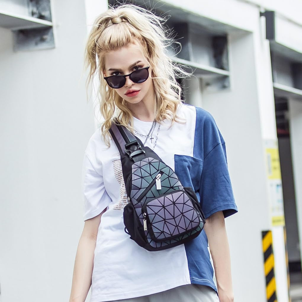 Luminous Holographic Geometric Backpack - Color-Changing Reflective Sling Bag for Women (Prism)
